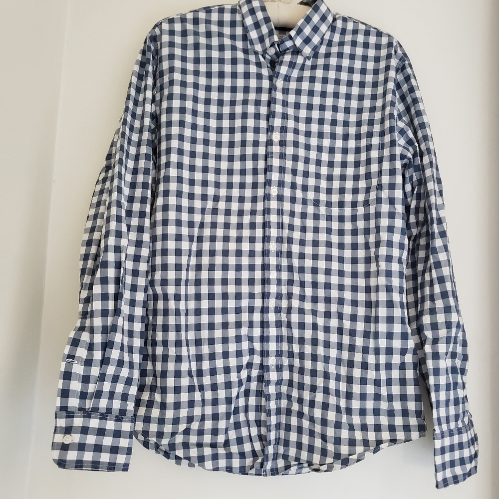 J. Crew Men's button-down long sleeve blue and white checked shirt